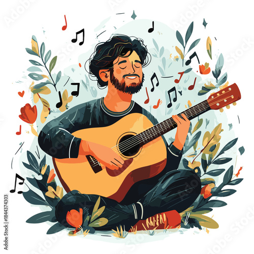 A man plays an acoustic guitar surrounded by musical notes in a cheerful, illustrative style. , vector style simple color