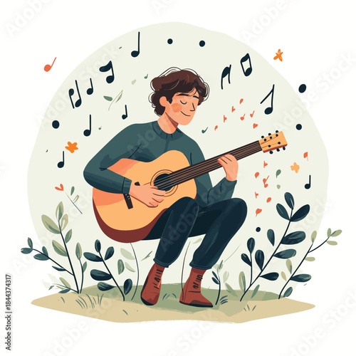 A man plays an acoustic guitar surrounded by musical notes in a cheerful, illustrative style. , vector style simple color