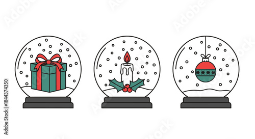 Set of three festive Christmas snow globe illustrations featuring gift, candle, and ornament icons