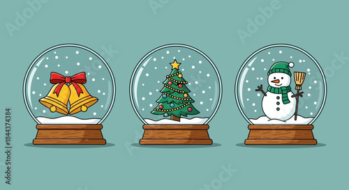 A Trio of Festive Christmas Snow Globes Featuring Bells, a Tree, and a Snowman on a Teal Background