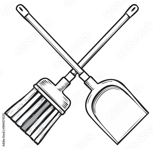 Crossed Broom and Dustpan Black and White Line Art Illustration Housekeeping Icon
