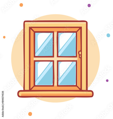 Cartoon four-pane window with orange frame and blue glass
