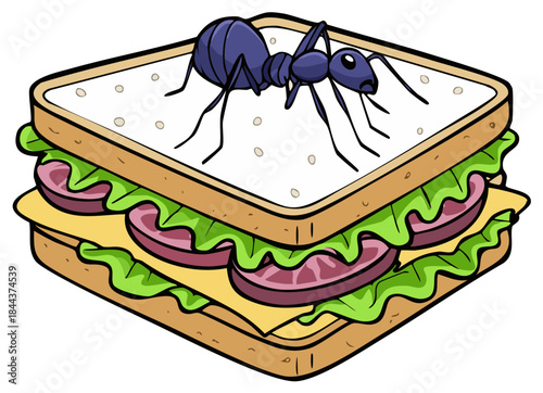 Cartoon Ant Crawling on a Sandwich with Lettuce Meat and Cheese Illustration