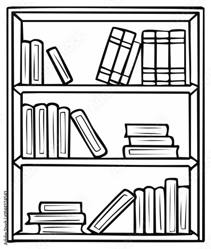 Outline of a bookshelf with filled shelves of books. Vector illustration