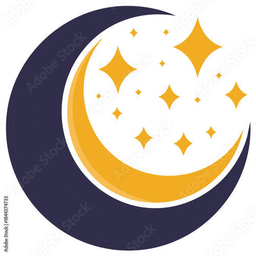 Elegant dark blue and golden yellow crescent moon with sparkling stars graphic illustration