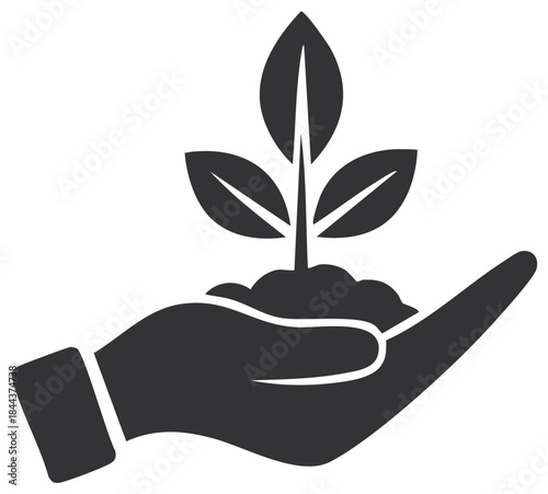 Hand Holding a Seedling with Leaves and Roots Emerging from Soil Icon Glyph