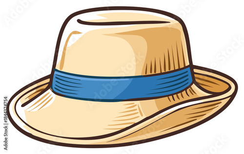 Cartoon Straw Hat with Blue Band, Summer Fashion Accessory Illustration