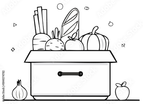 Monochrome Illustration of a Grocery Box with Fresh Vegetables Fruit and Bread