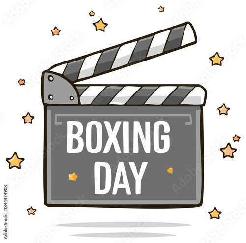 Movie slate marking Boxing Day holiday with stars and a celebration theme, cheerful and festive style