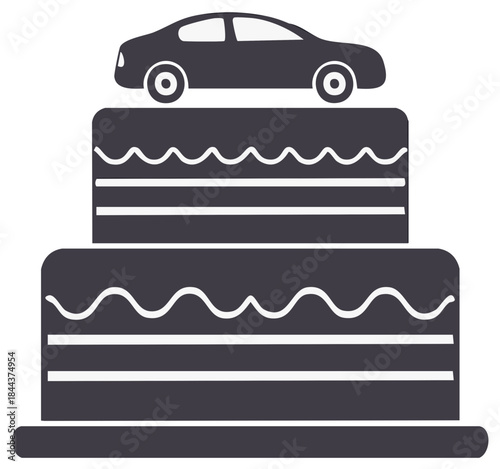 Stylized Silhouette of a Sedan Car Topped on a Two Tiered Celebration Cake