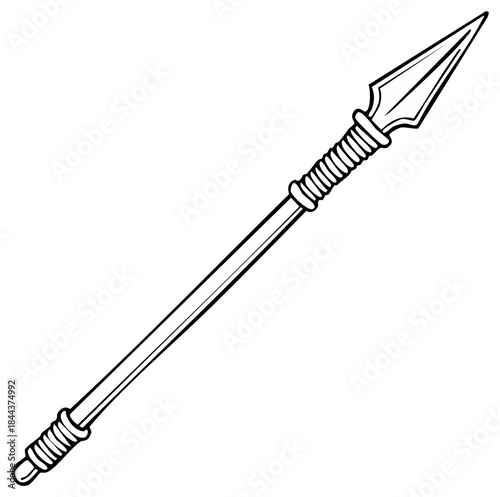 Ancient warrior spear with a sharp arrowhead shown in a clean black and white line art illustration