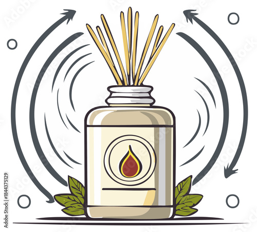 Reed diffuser bottle with wooden sticks essential oil drop and fresh leaves depicting aroma diffusion