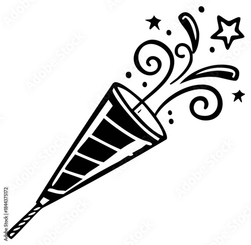 Party Popper Shooting Confetti Stars and Swirls Black and White Illustration