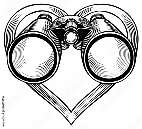 Binoculars in a Heart Shape: Vector Illustration in Black and White