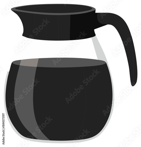 Black coffee pot with clear glass carafe and black lid and handle isolated on white