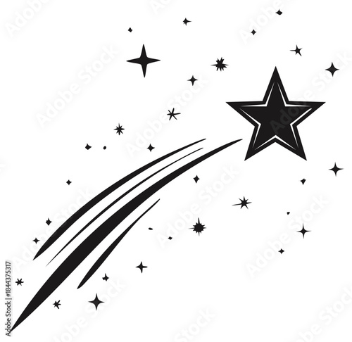 Black shooting star and sparkle elements on white background