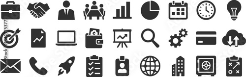 Collection of black vector icons representing business and office elements on white background