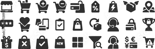 Collection of black vector icons representing shopping elements on white background