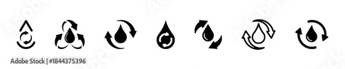 Collection of Black Water Drop and Recycling Arrows Icons Keywords: water, drop, recycle, recycling, arrow, icon, symbol, set, graphic, conservation, environment, fluid, liquid, circular