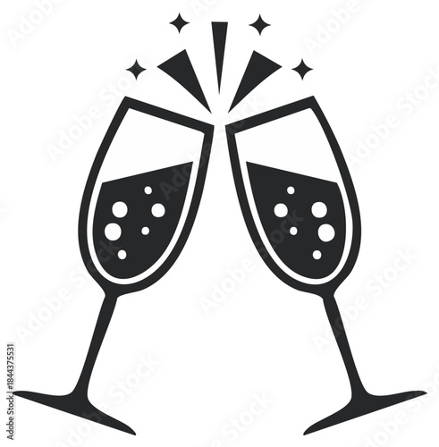 Two champagne flutes toasting with celebratory bubbles and sparkles