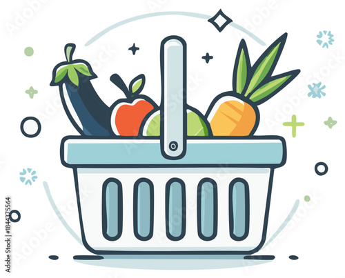 Shopping basket filled with healthy produce including carrots, apple, eggplant, and lime