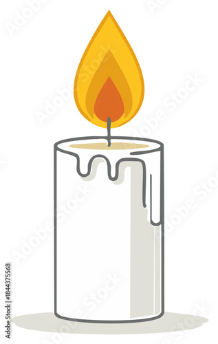 Burning White Candle with Wax Drips and Warm Glowing Flame for Decoration in Vector