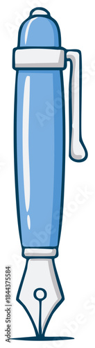 Light blue fountain pen illustration with silver nib and matching clip, cartoon style, writing tool with clean lines