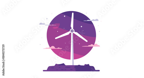 A modern wind turbine stands tall against a vibrant purple night sky filled with stars and stylized clouds.