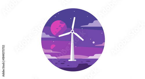 A solitary wind turbine stands tall against a vibrant purple twilight sky with clouds and celestial bodies.