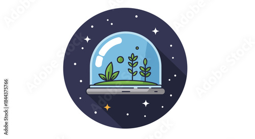 Tiny ecosystem inside a glass dome floating in starry space, symbolizing growth and preservation