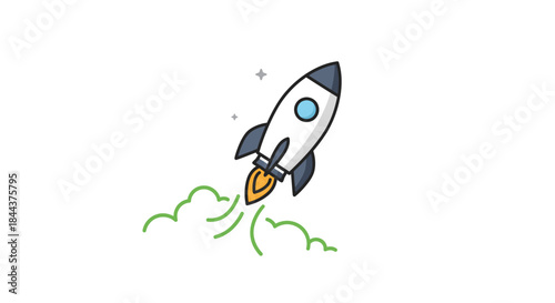A stylized cartoon rocket ship ascends into the sky, leaving a trail of green smoke and bright stars.