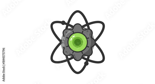 Stylized atomic structure with a central nucleus and orbiting electrons on a white background, symbolizing science.