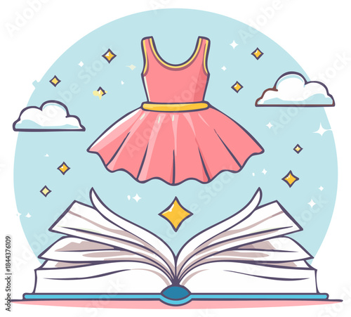 Open story book with a whimsical pink ballet tutu and sparkling magical elements