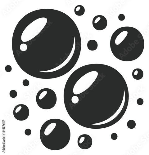 Monochrome illustration of scattered bubbles with glossy reflections abstract liquid element