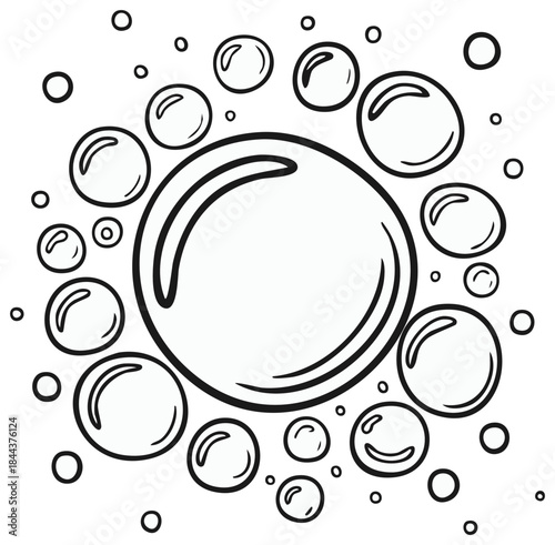 Hand drawn cartoon soap bubbles illustration. Black and white doodle sketch for coloring book.
