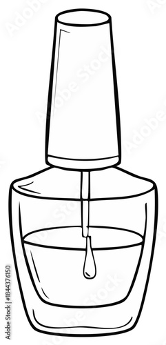 Vector line art of a nail polish bottle with brush and a dripping drop of varnish