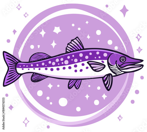 Illustrated purple pike fish with white markings, surrounded by a lavender circle and star accents, stylized artwork, vector drawing