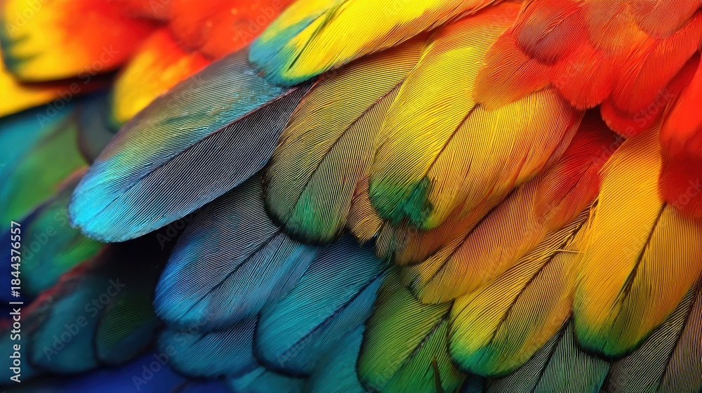Fototapeta premium Multi-colored feathers, close-up feather, background texture, abstract, created using generative AI tools, suitable for texture, fashion, or nature-inspired designs.
