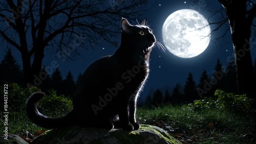 A black cat silhouetted against a full moon, in a forest at night