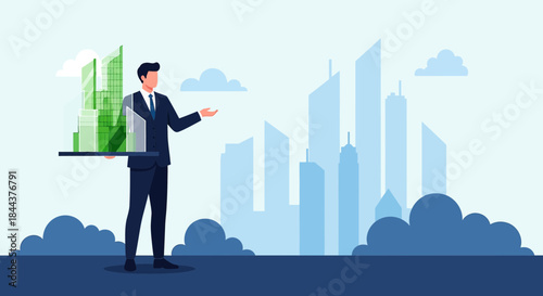 Visionary Architect Presenting Eco-Friendly Building Design Against Cityscape Backdrop