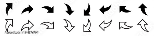 Collection of diverse arrows pointing in various directions with solid and outline styles on white background