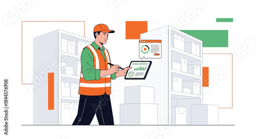 Warehouse worker using digital technology for inventory tracking and management efficiency