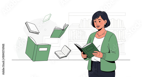 Woman absorbed in reading with floating books, symbolizing knowledge and imagination