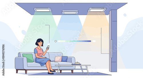 Woman adjusts home lighting using smartphone app, transforming interior ambiance with ease and