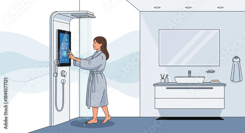Woman Engaging Eco-Friendly Shower with Touchscreen Control in Modern Bathroom Setting