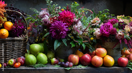 Vibrant arrangement of colorful flowers and fresh fruits displayed on a rustic wooden table, showcasing natural beauty and seasonal abundance with rich textures and inviting atmosphere