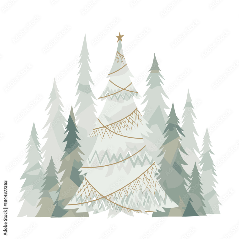 Obraz premium Decorated Christmas tree surrounded by fir trees on white background 