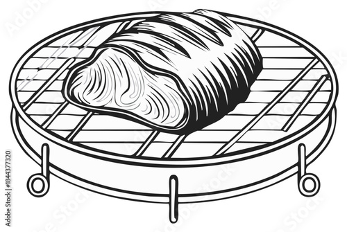 Monochrome line art illustration of a beef roast cooking on a small round barbecue grill
