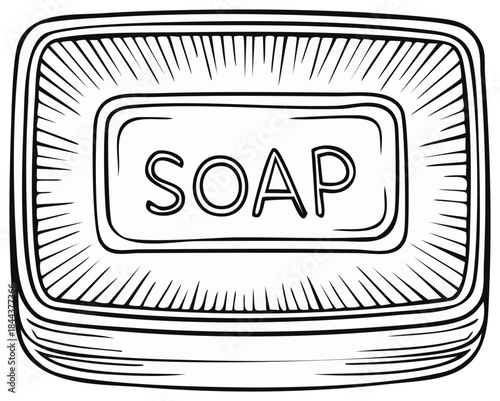 Simple line art illustration of a bar of soap with the word soap for hygiene and cleanliness