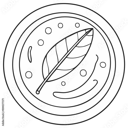 Simple line art illustration of a single leaf garnish in a round dish